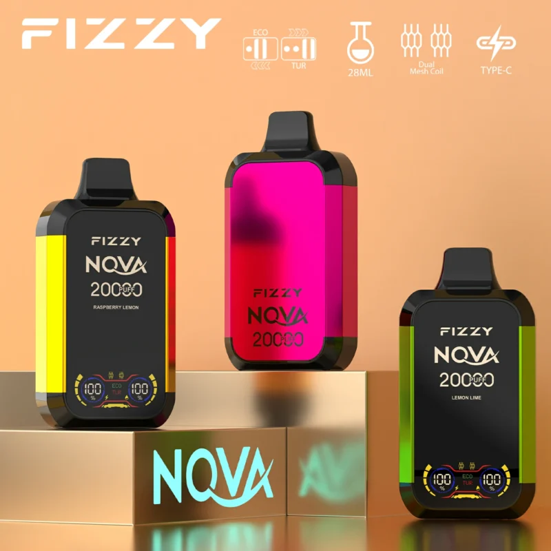 2024 Фабричний оригінальний оптовий продаж Fizzy Nova 20000 Puffs 20K 12 ароматів 28 мл Одноразовий вейп з подвійною сітчастою котушкою 2 5 Нікотин з РК-екраном 12