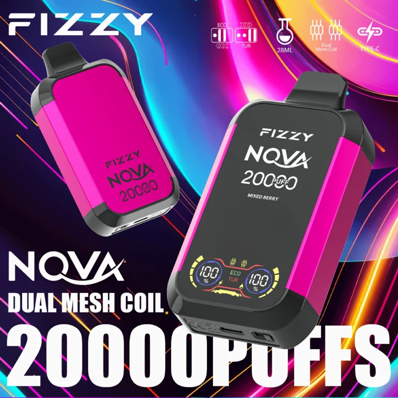 2024 Фабричний оригінальний оптовий продаж Fizzy Nova 20000 затяжок 20K 12 смаків 28 мл Одноразовий вейп з подвійною сітчастою котушкою 2 5 Нікотин з РК-екраном 6