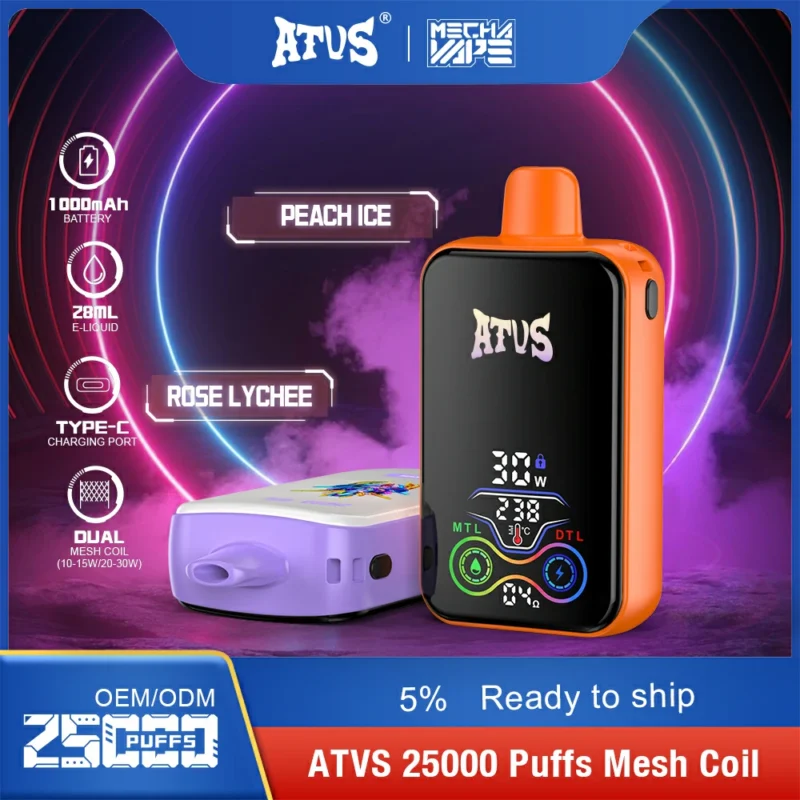 2024 Hot Selling Original Factory Product ATVS 25000 Puffs 28ml Dual Flavor Mesh Coil 2% 5% Nicotine 1000mAh Wholesale Disposable Vape Pen Ready To Ship