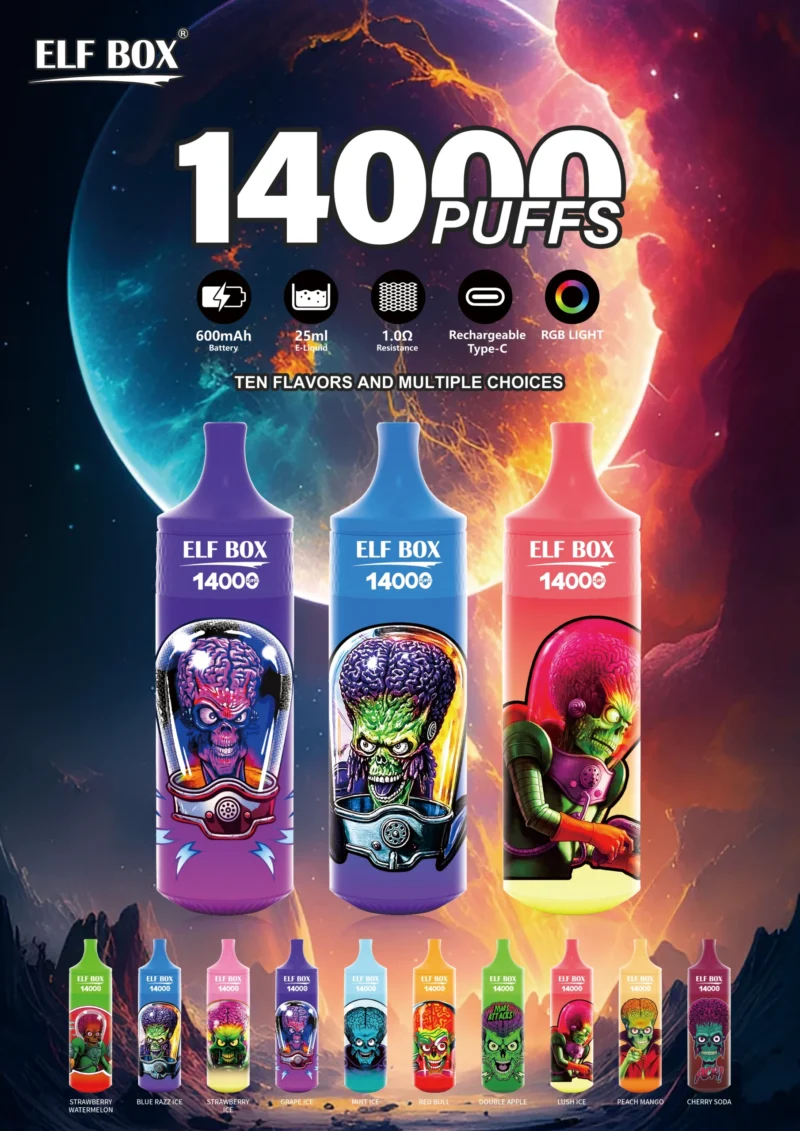 2024 Hot Selling Originální Velkoobchod ELF BOX RGB 14000 Síťovaná spirálka 25ml 0 2 3 5 Nikotinové jednorázové vape pero na skladě s RGB světlem 3