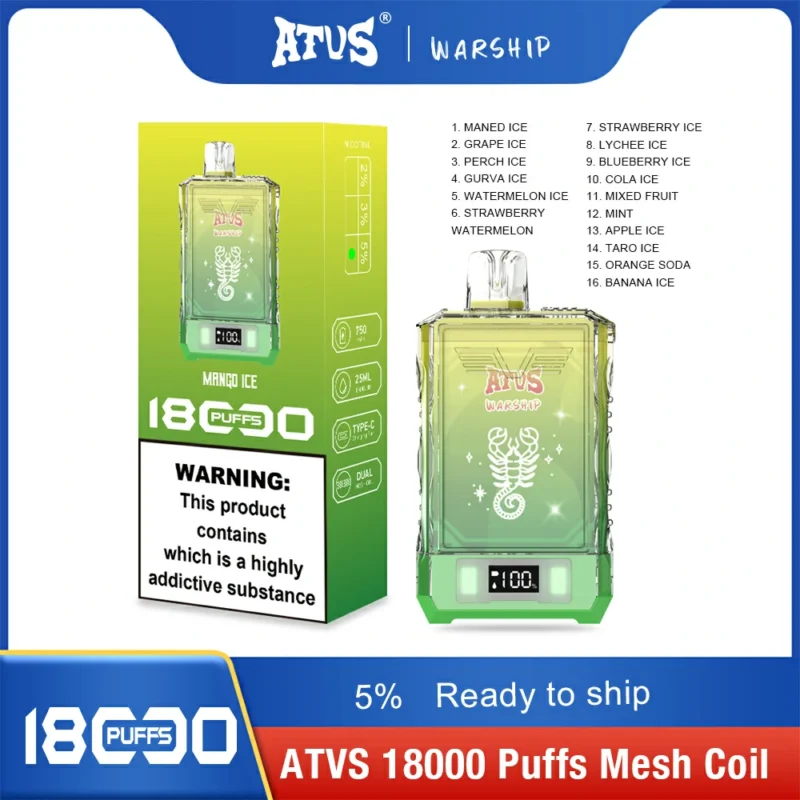 EU Warehouse Original Factory ATV Warship 18000 Puffs 18K 25ml Dual Mesh Coil Ühekordne Vape Display Ekraaniga 7