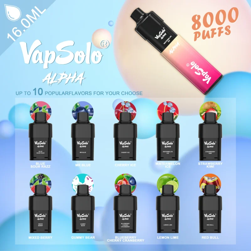 Original Factory Vapsolo Alpha 8000 Puffs Mesh Coil Bulk Grossist Engångs Vape Pod System med 4 nivåer luftflöde LCD-skärm