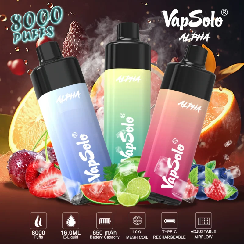 Original Factory Vapsolo Alpha 8000 Puffs Mesh Coil Bulk Grossist Engångs Vape Pod System med 4 nivåer luftflöde LCD-skärm