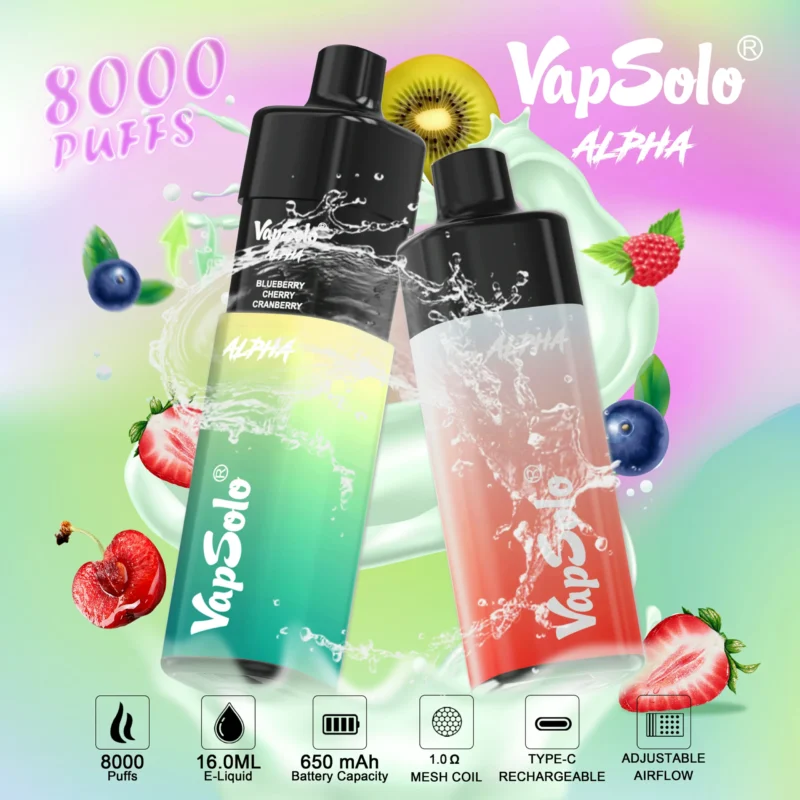 Original Factory Vapsolo Alpha 8000 Puffs Mesh Coil Bulk Grossist Engångs Vape Pod System med 4 nivåer luftflöde LCD-skärm