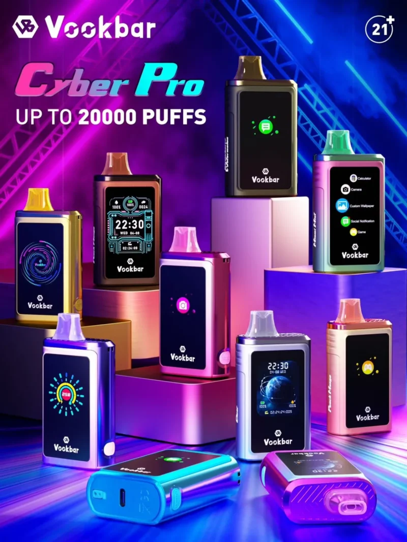 Vookbar Cyber ​​Pro 30000 Puffs Veleprodajna Originalna tovarniška Vape pisala za enkratno uporabo z dvojno mrežasto tuljavo Zaslon na dotik Otroška ključavnica Bluetooth Connect 2