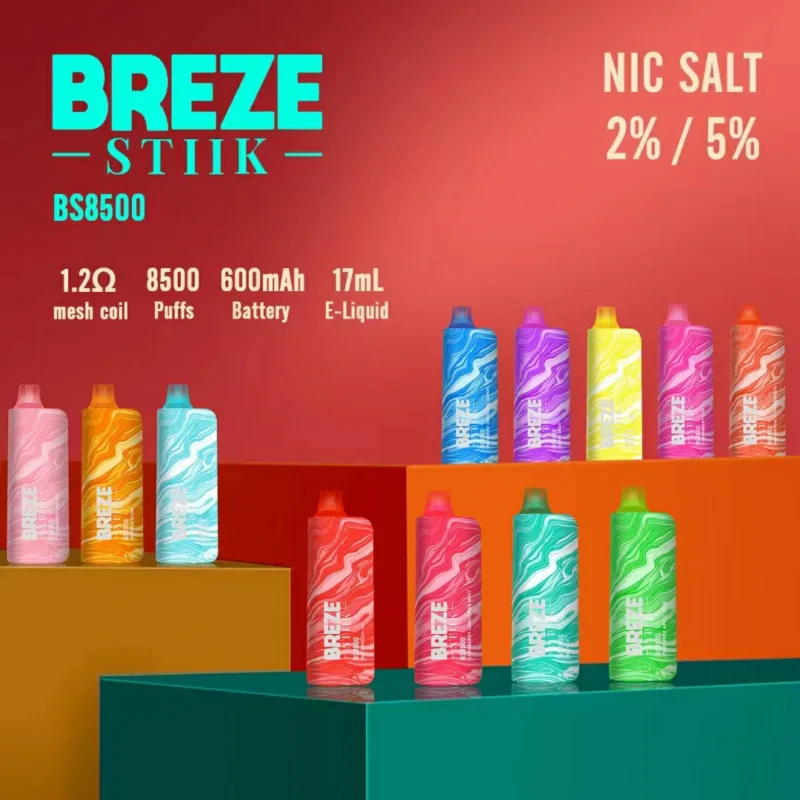 Breze Stiik BS8500 8500 Puffs Mesh Coil Type-C 600mAh ladattava akku 17ml 2% 5% Nikotiini alkuperäinen tehtaan kertakäyttöinen vape kynä