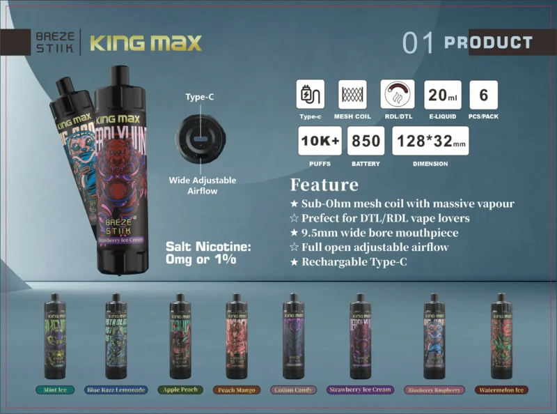 Breze Stiik King Max 10000 Puffs DTL Mesh Coil 20ml 0 1 Nicotina Original Caneta Vape Descartável Com Fluxo de Ar Ajustável 5 escala