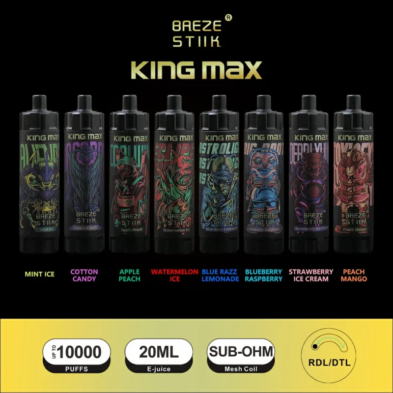 Breze Stiik King Max 10000 Puffs DTL Mesh Bobina 20ml 0% 1% Nicotina Original Caneta Vape Descartável Com Fluxo de Ar Ajustável